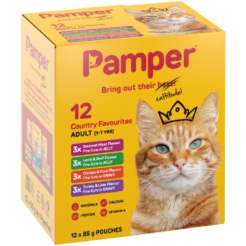 PAMPER CAT FOOD 12X85G F/CUTS COUNTY FAVOURITES