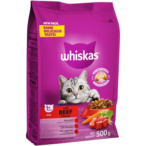 WHISKAS DRY ADULT CAT FOOD BEEF 500G